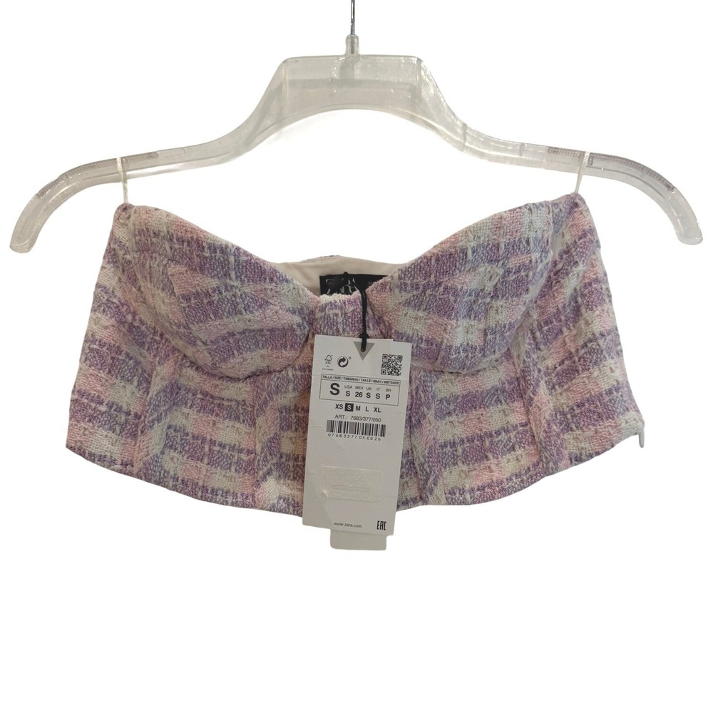 Zara Purple Pink Plaid Tweed Bustier Crop Top Sweetheart Neckline NWT Size Small